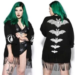 Black Fringe Kimono with Bat Design
